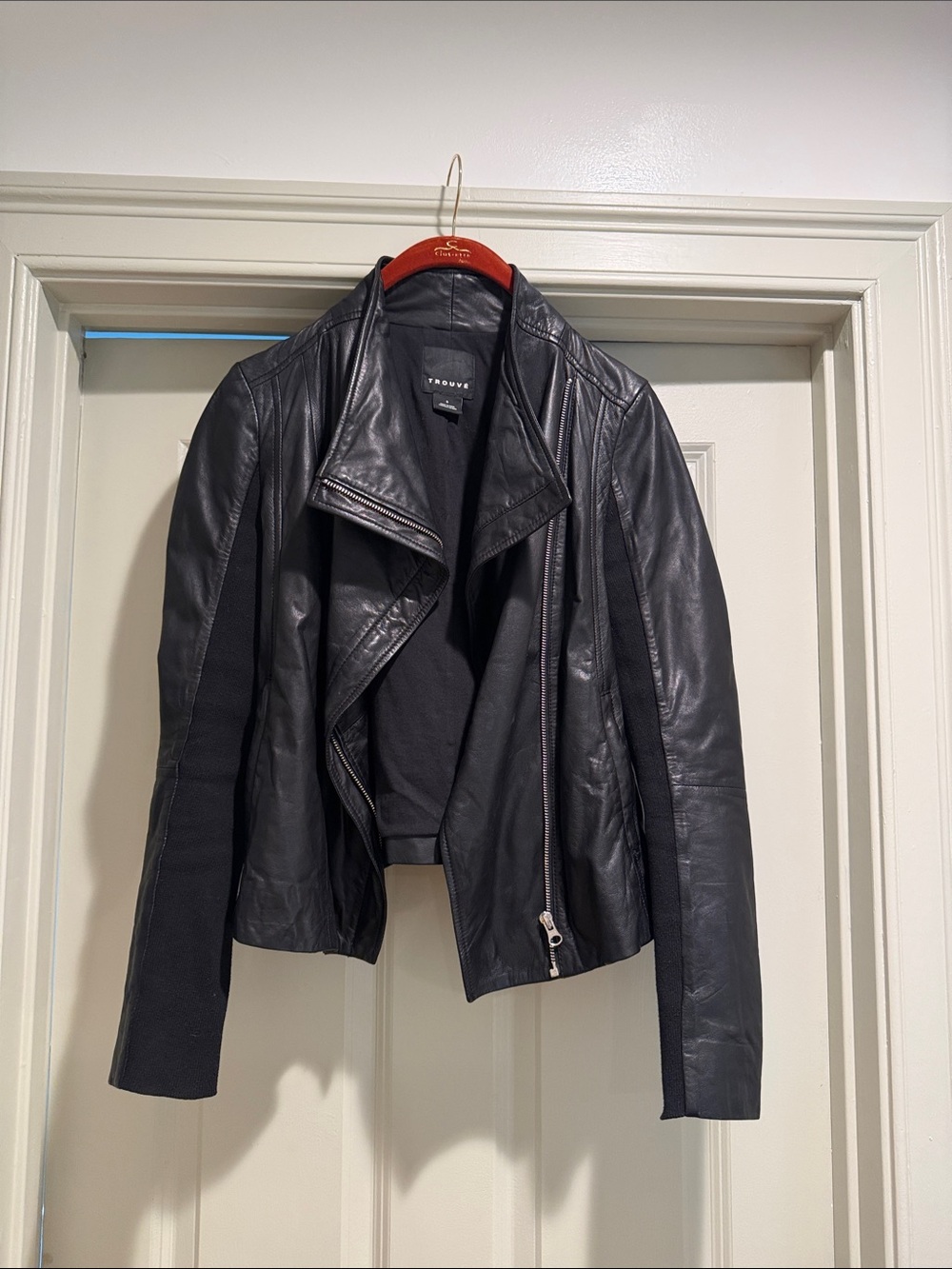 Trouvé Black Leather Draped Moto Jacket Mixed Media